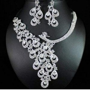 Peacock Clear White Austrian Rhinestone Crystal Bib Statement Necklace Earrings